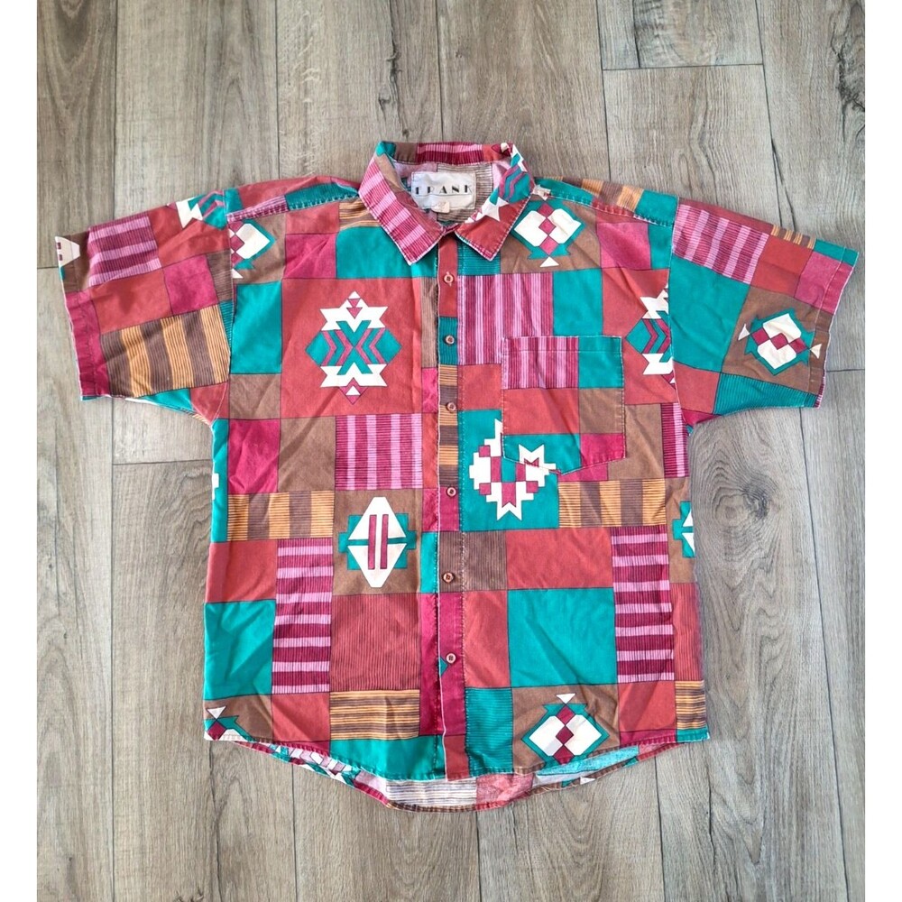 Frank Vintage Aztec Button Shirt Red Western Cowboy Rodeo Made in USA Mens L